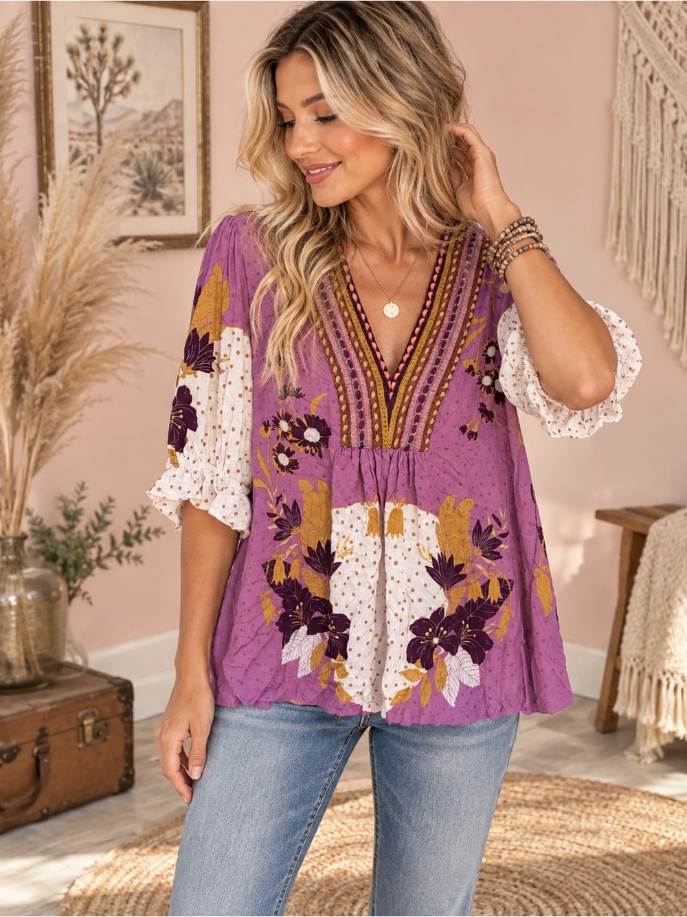 Blank London Boho Floral V-Neck Tunic in Purple